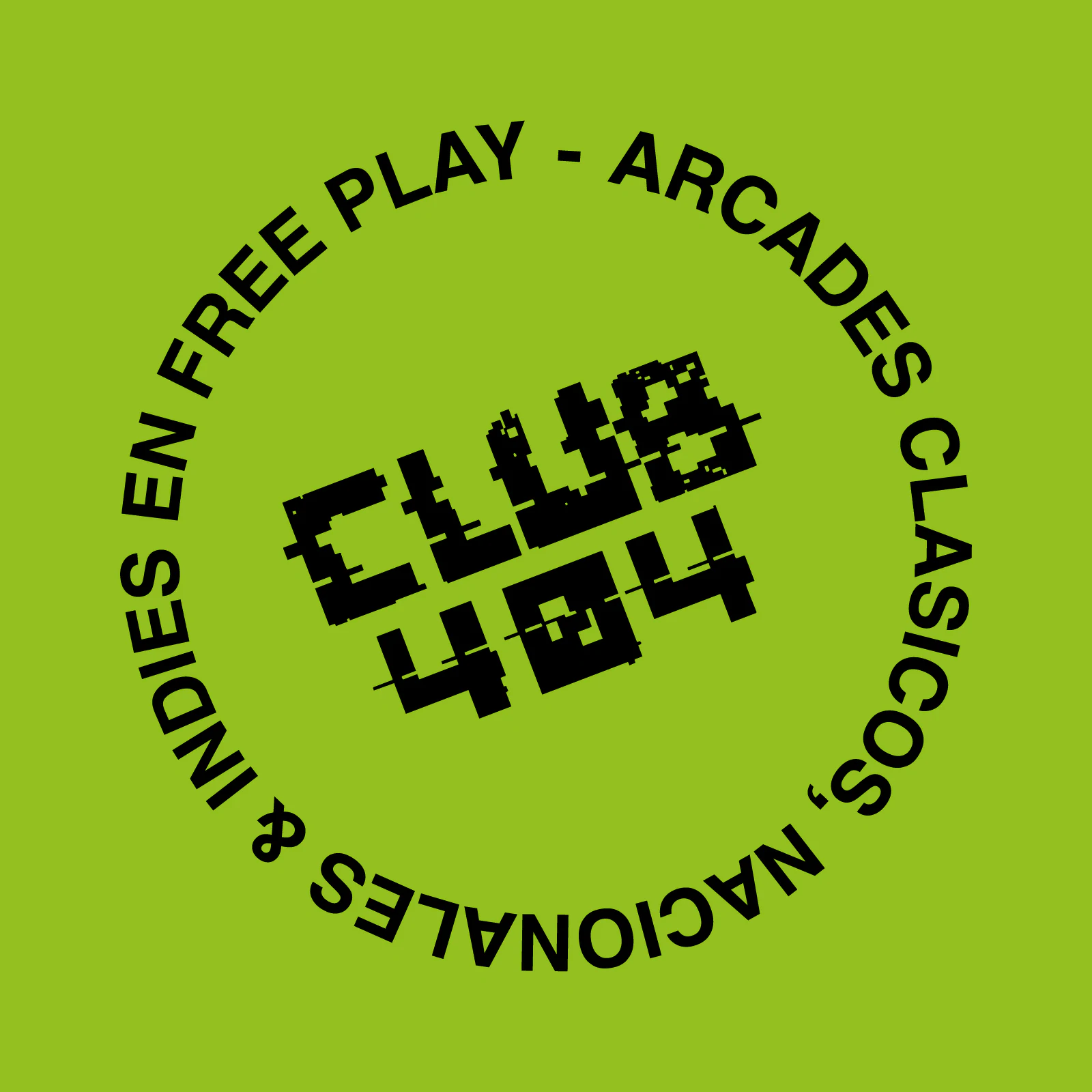 Club 404: sello circular negro sobre fondo verde.