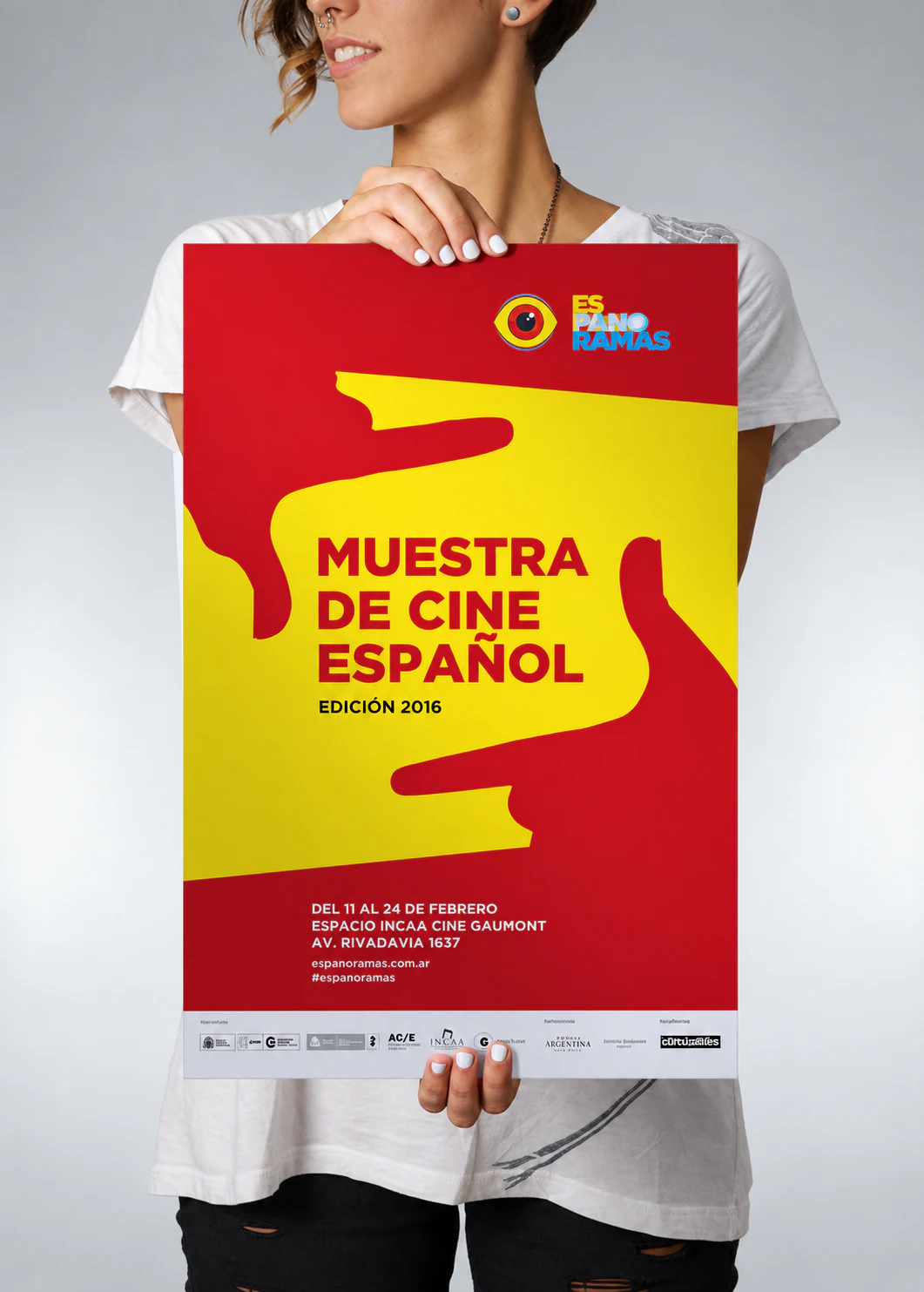 Muestra de cine español: afiche amarillo y rojo.